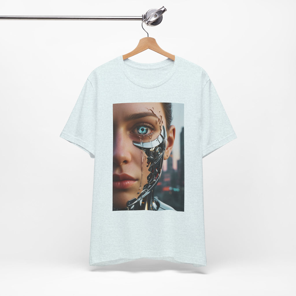 Cyborg Portrait T‑Shirt — Futuristic Android Face Graphic Tee