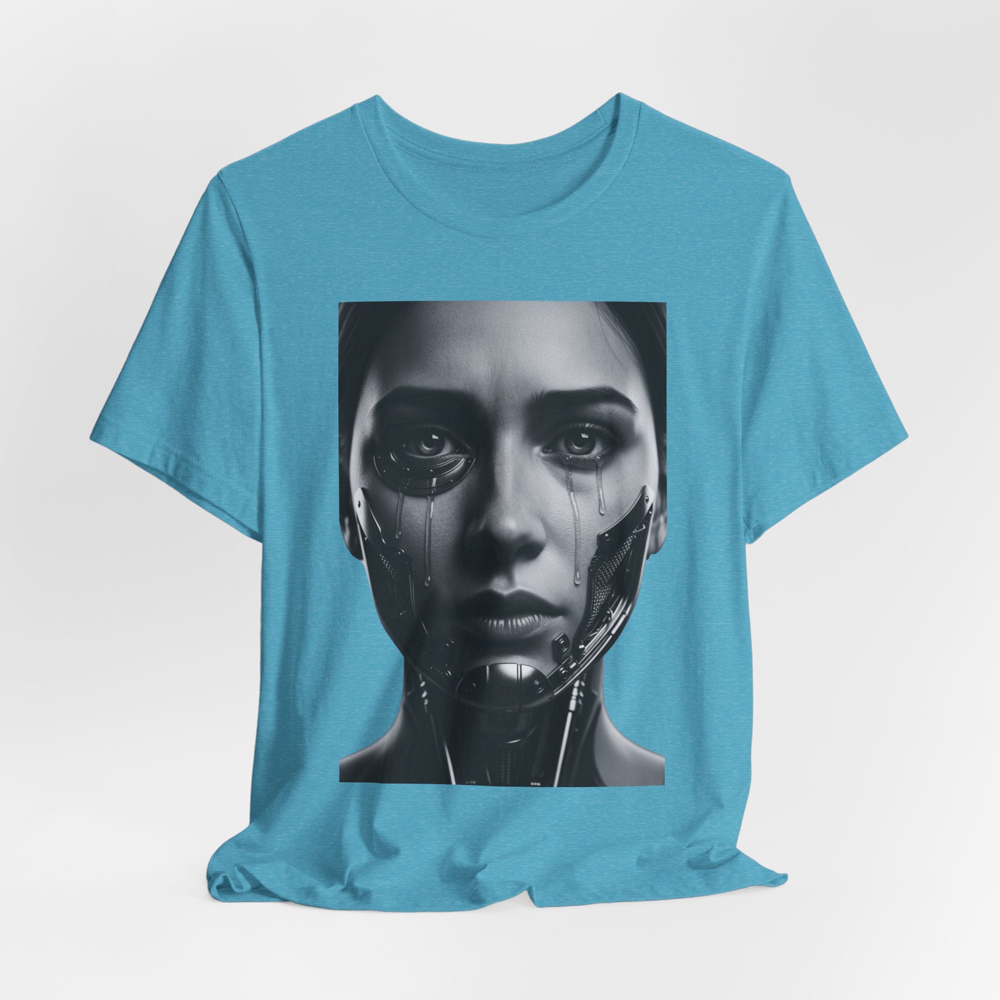 Cybernetic Woman Portrait Tee — Futuristic Black & White Sci‑Fi Face Graphic T-Shirt