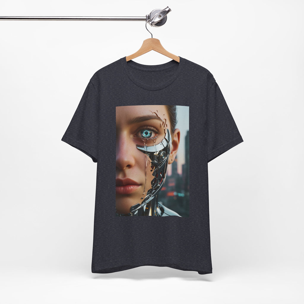 Cyborg Portrait T‑Shirt — Futuristic Android Face Graphic Tee