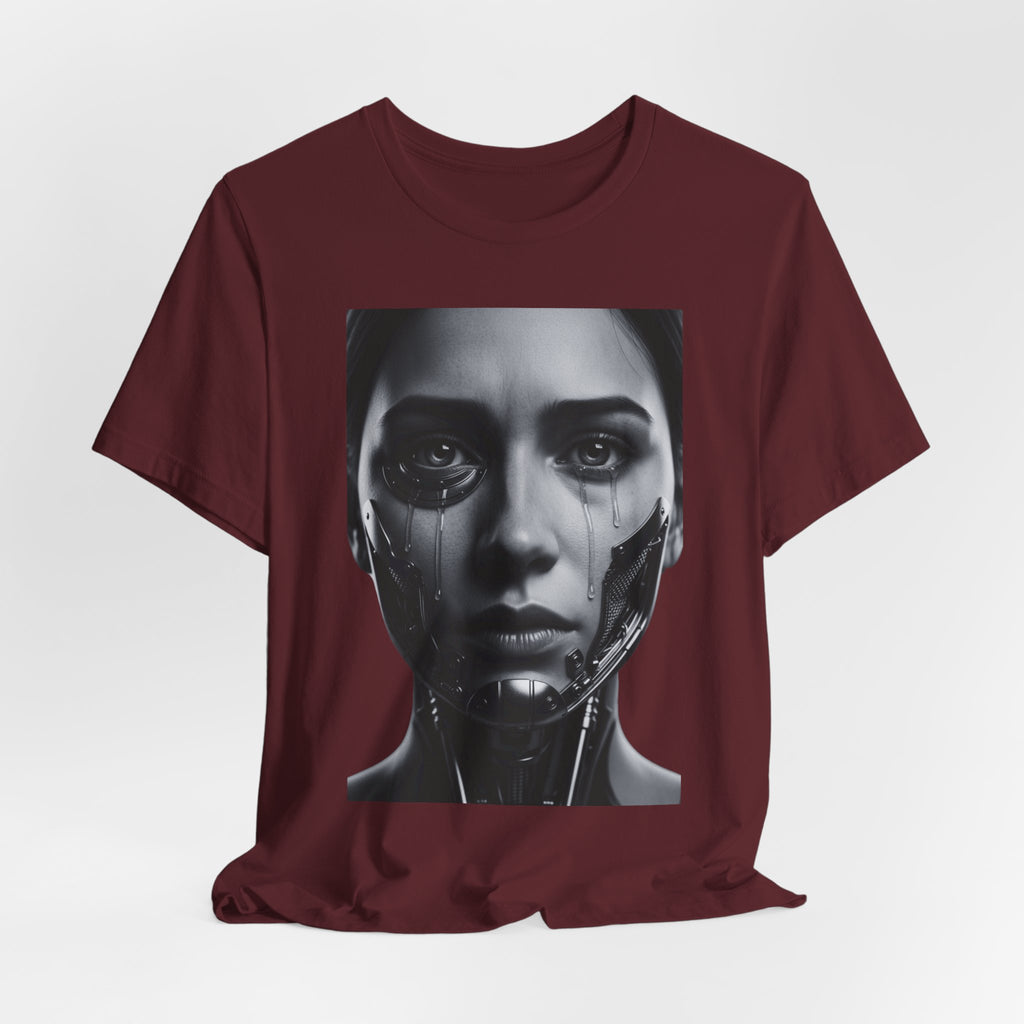 Cybernetic Woman Portrait Tee — Futuristic Black & White Sci‑Fi Face Graphic T-Shirt
