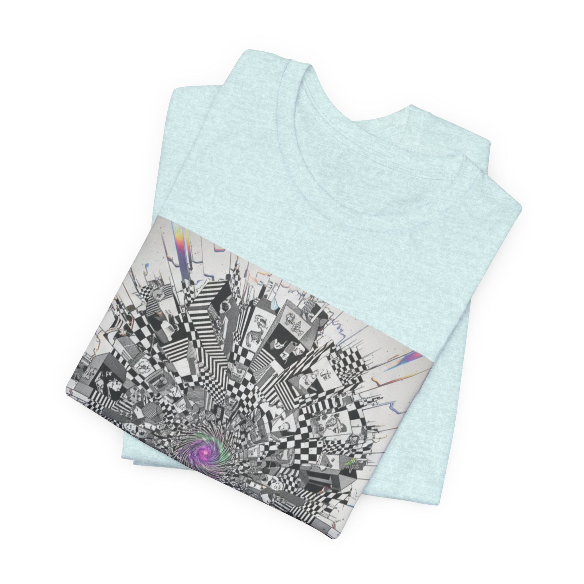 Psychedelic Cityscape Tee — Abstract Optical Art T‑Shirt with Purple Eye