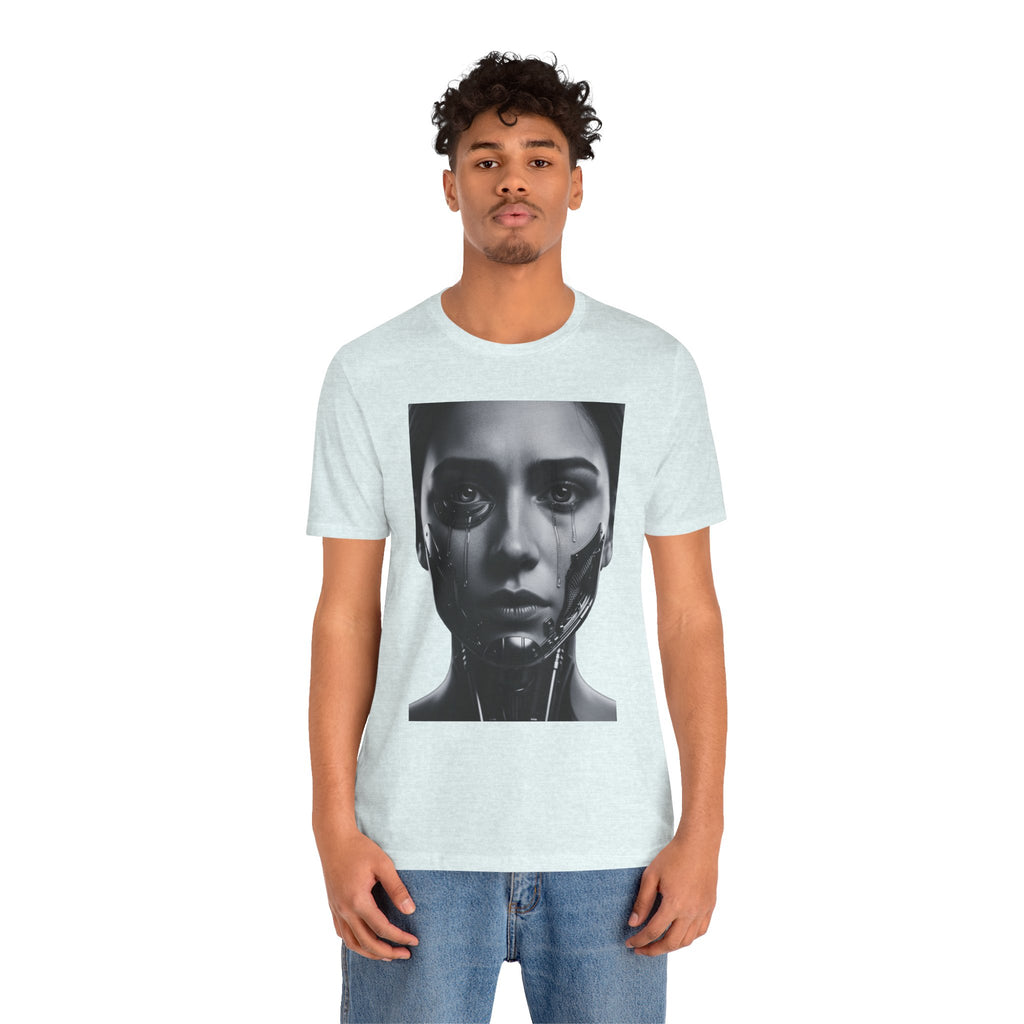 Cybernetic Woman Portrait Tee — Futuristic Black & White Sci‑Fi Face Graphic T-Shirt