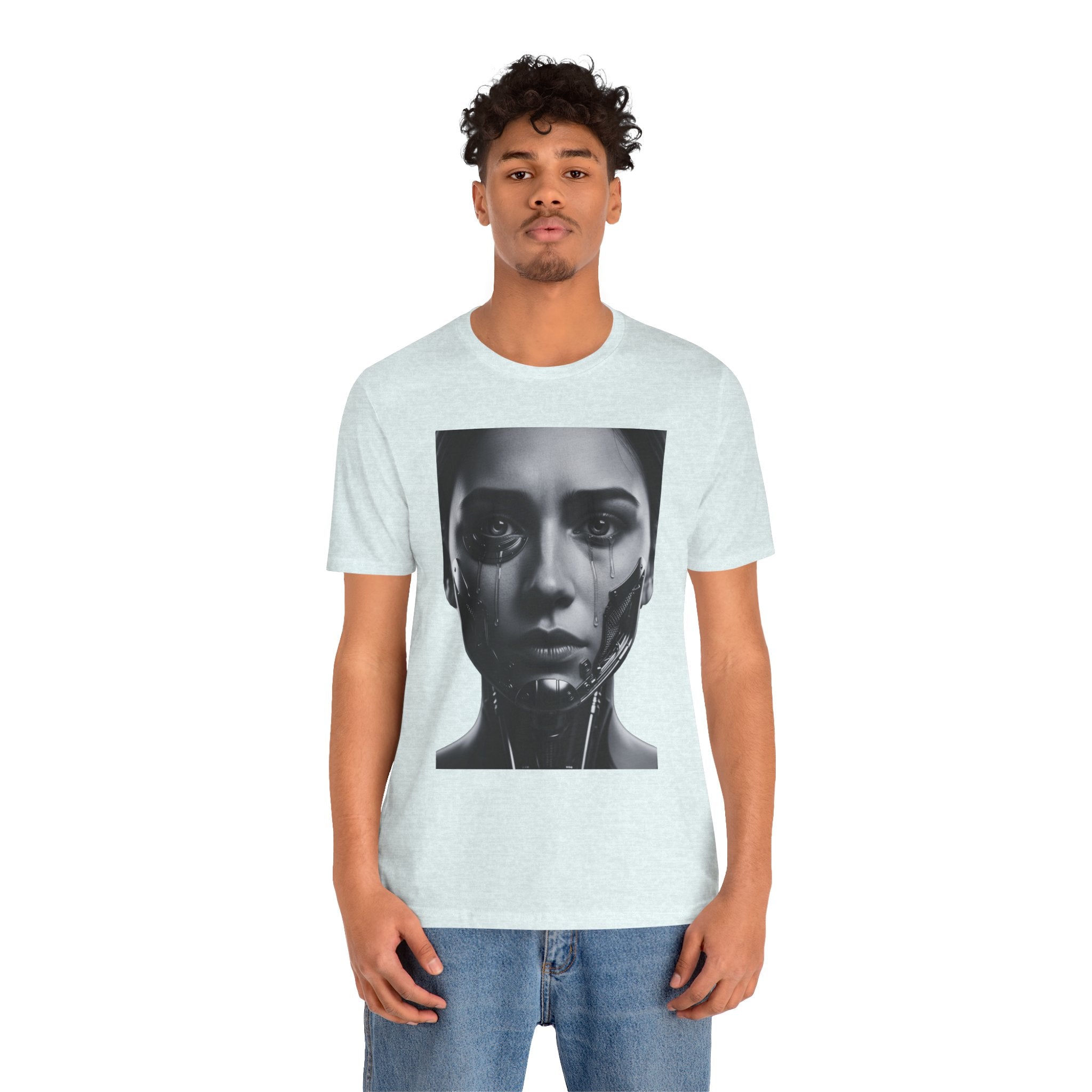 Cybernetic Woman Portrait Tee — Futuristic Black & White Sci‑Fi Face Graphic T-Shirt