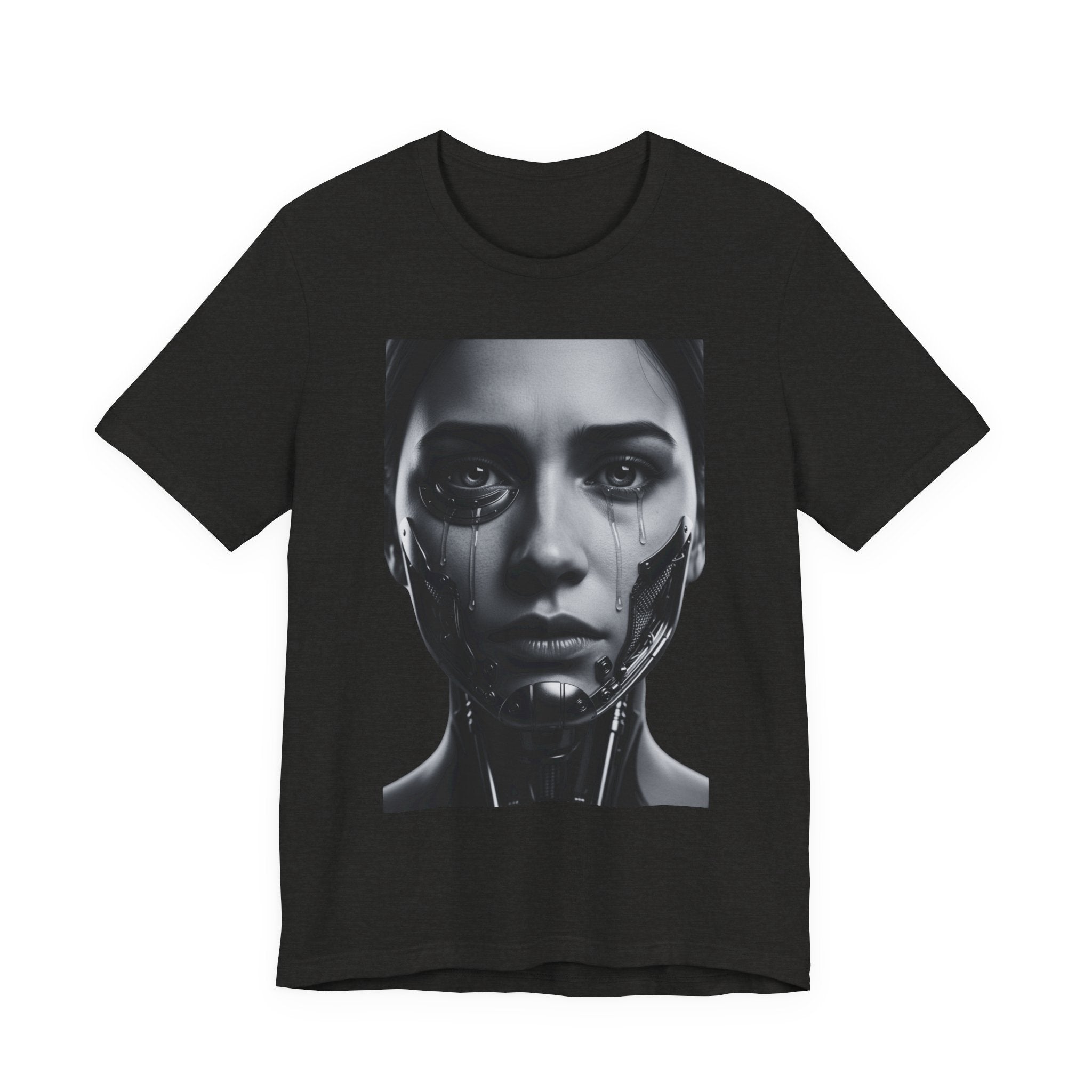 Cybernetic Woman Portrait Tee — Futuristic Black & White Sci‑Fi Face Graphic T-Shirt