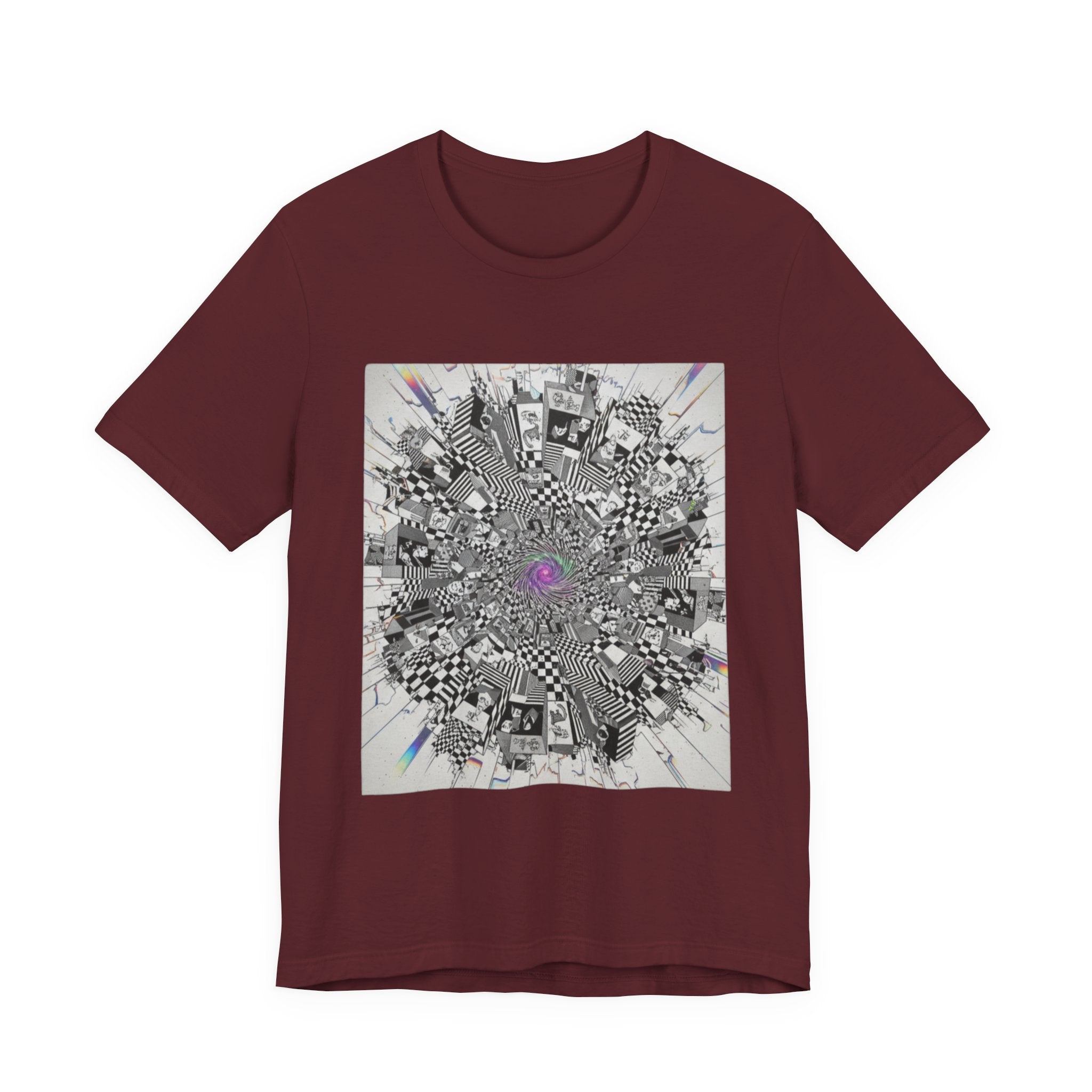 Psychedelic Cityscape Tee — Abstract Optical Art T‑Shirt with Purple Eye