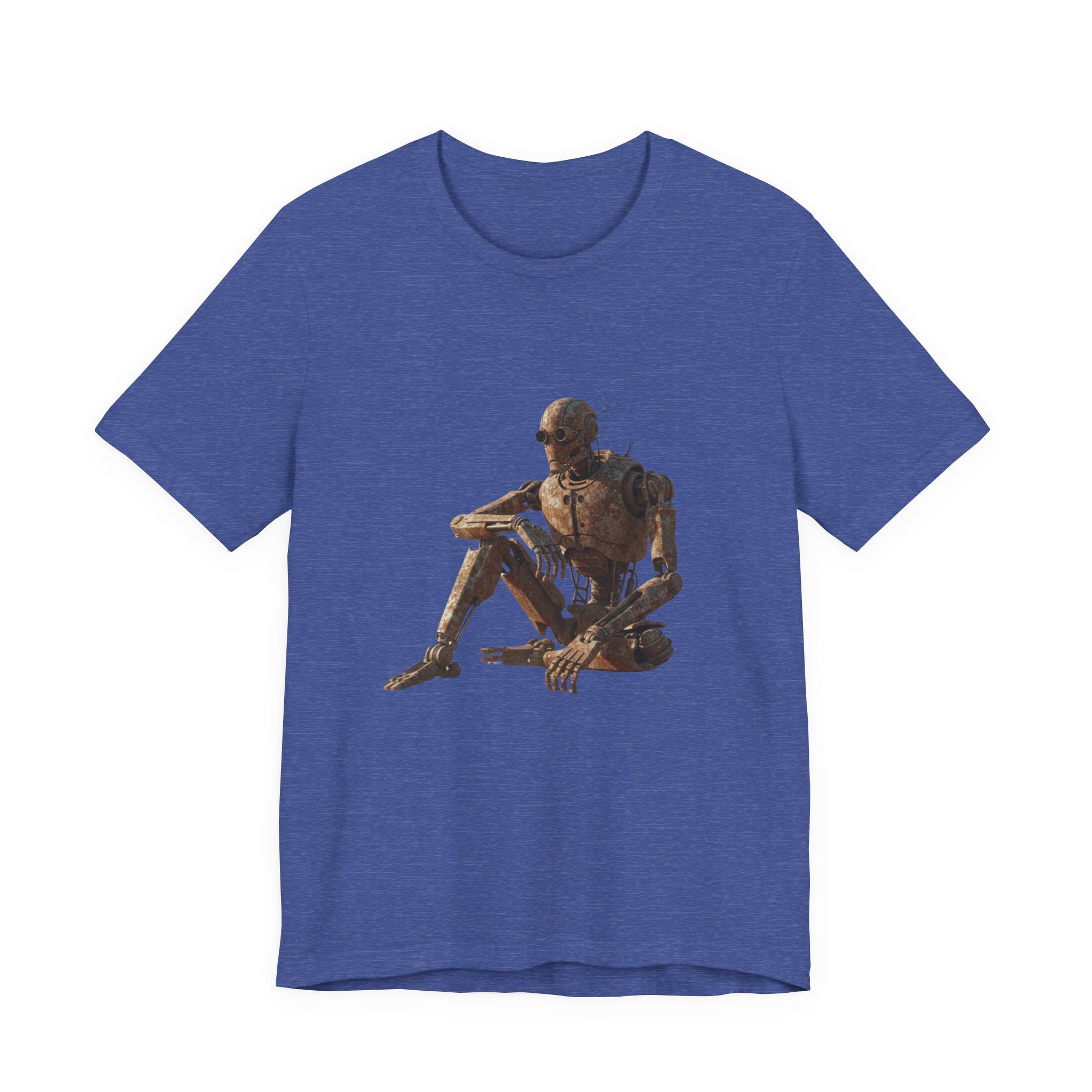 Rustic Robot Art Tee — Sitting Cyborg Graphic T-Shirt