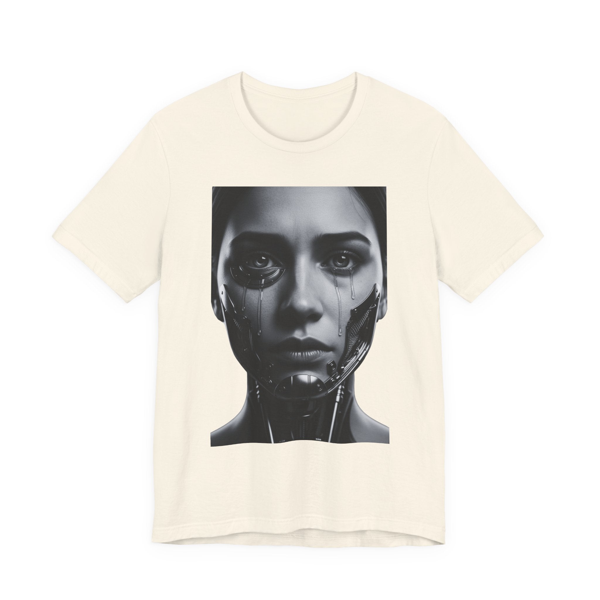 Cybernetic Woman Portrait Tee — Futuristic Black & White Sci‑Fi Face Graphic T-Shirt