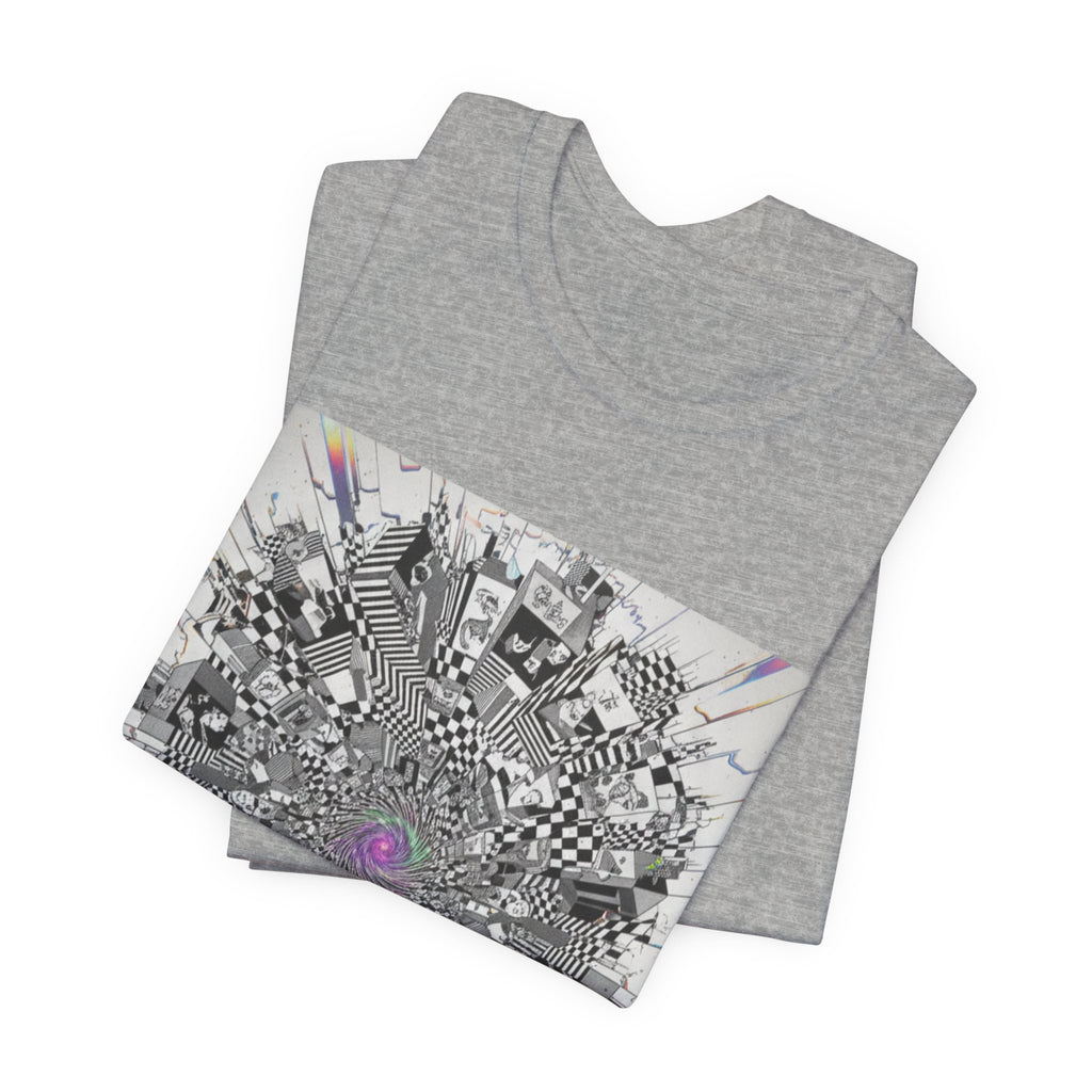 Psychedelic Cityscape Tee — Abstract Optical Art T‑Shirt with Purple Eye