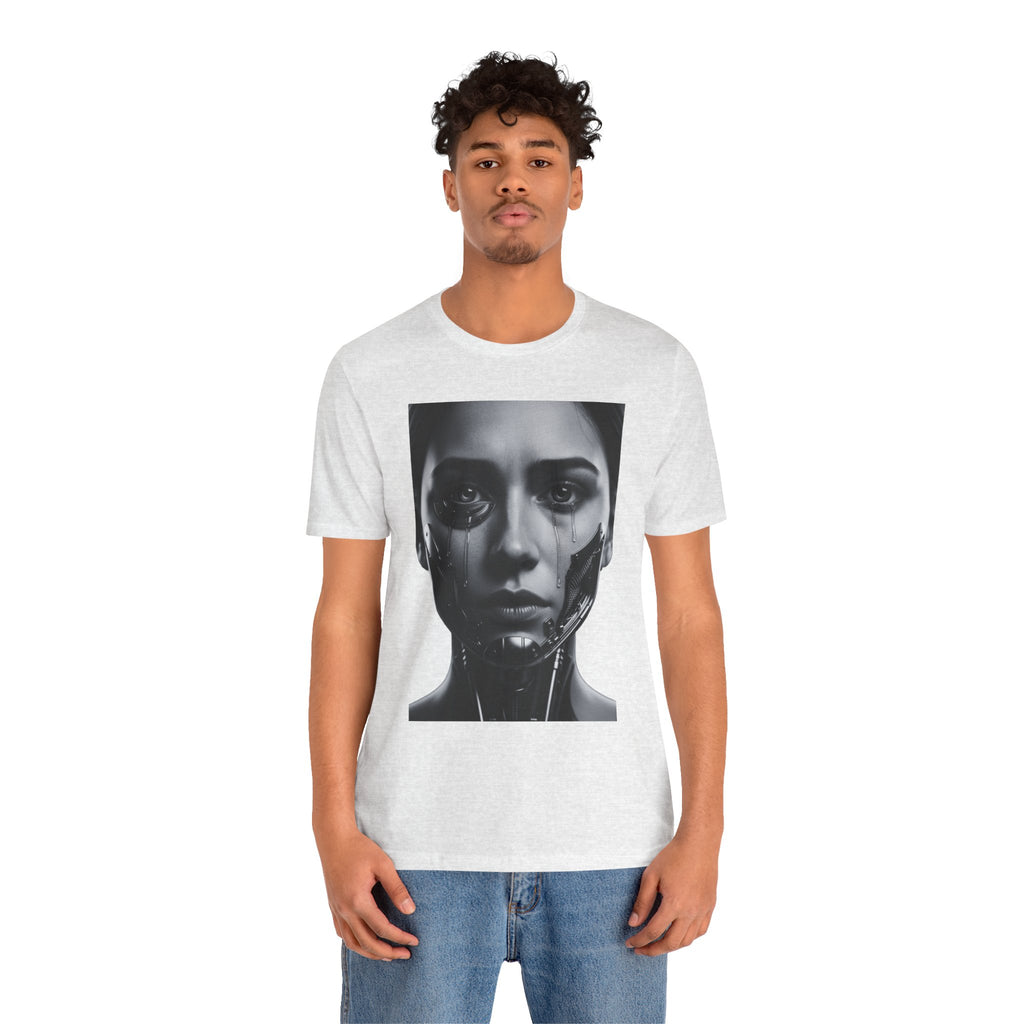 Cybernetic Woman Portrait Tee — Futuristic Black & White Sci‑Fi Face Graphic T-Shirt