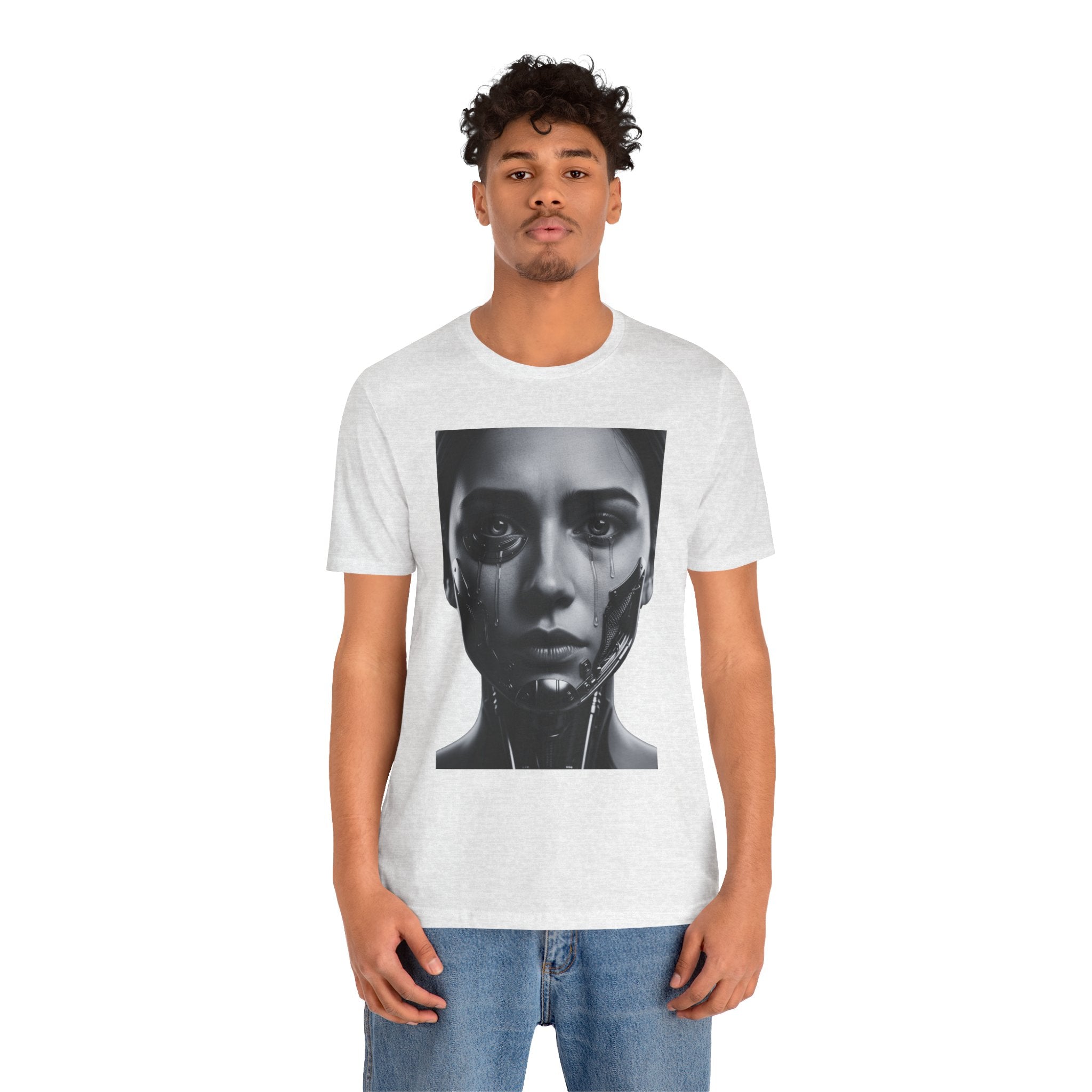 Cybernetic Woman Portrait Tee — Futuristic Black & White Sci‑Fi Face Graphic T-Shirt