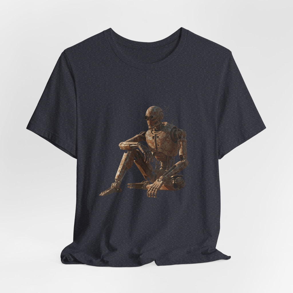 Rustic Robot Art Tee — Sitting Cyborg Graphic T-Shirt