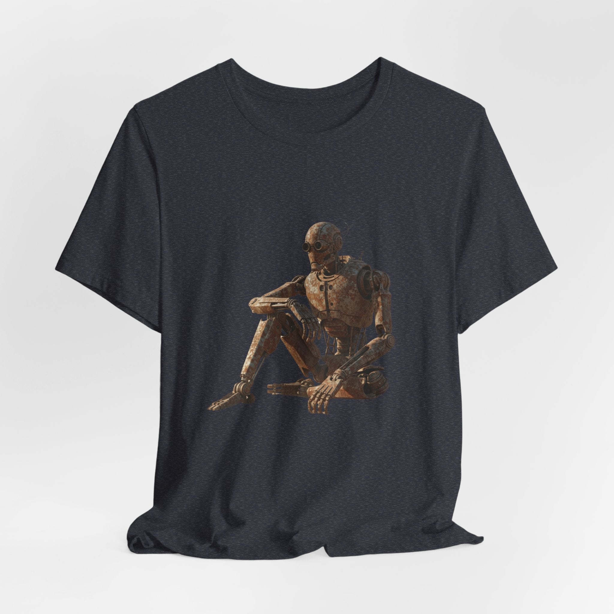 Rustic Robot Art Tee — Sitting Cyborg Graphic T-Shirt