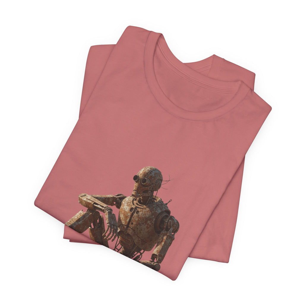 Rustic Robot Art Tee — Sitting Cyborg Graphic T-Shirt