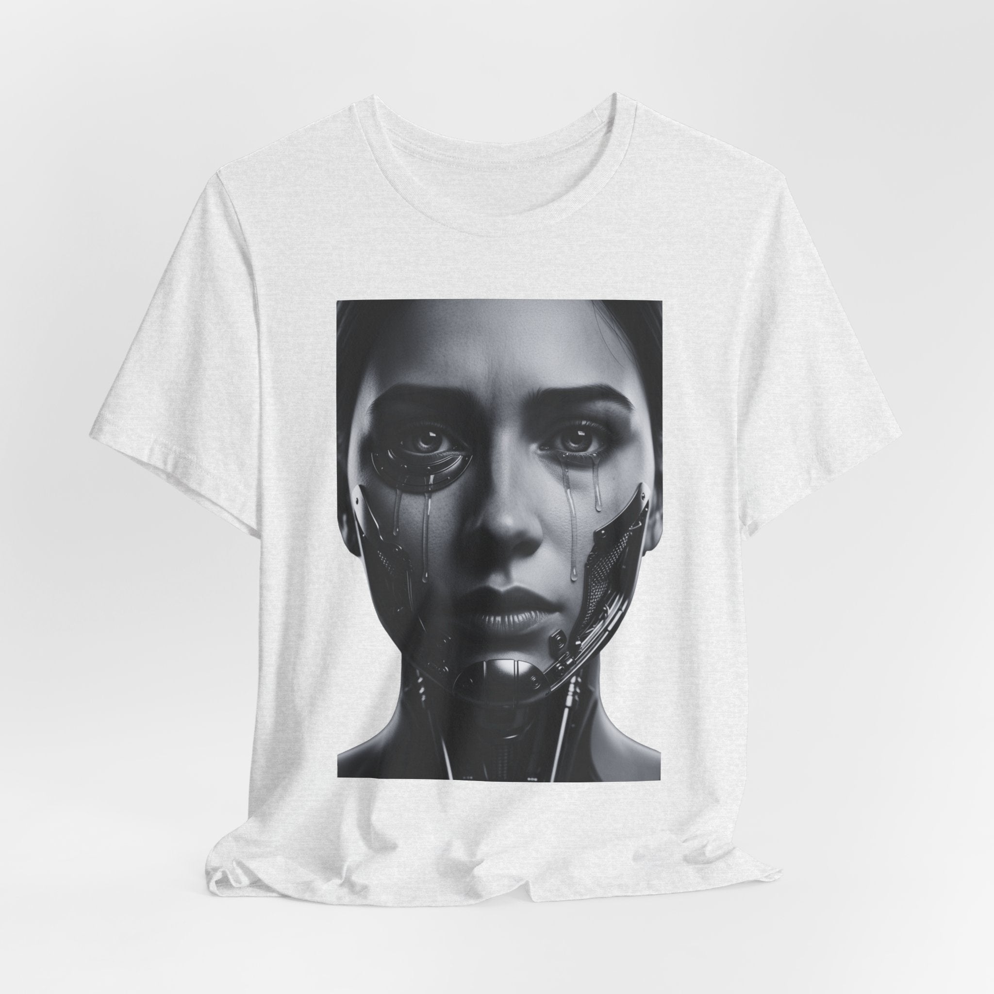 Cybernetic Woman Portrait Tee — Futuristic Black & White Sci‑Fi Face Graphic T-Shirt