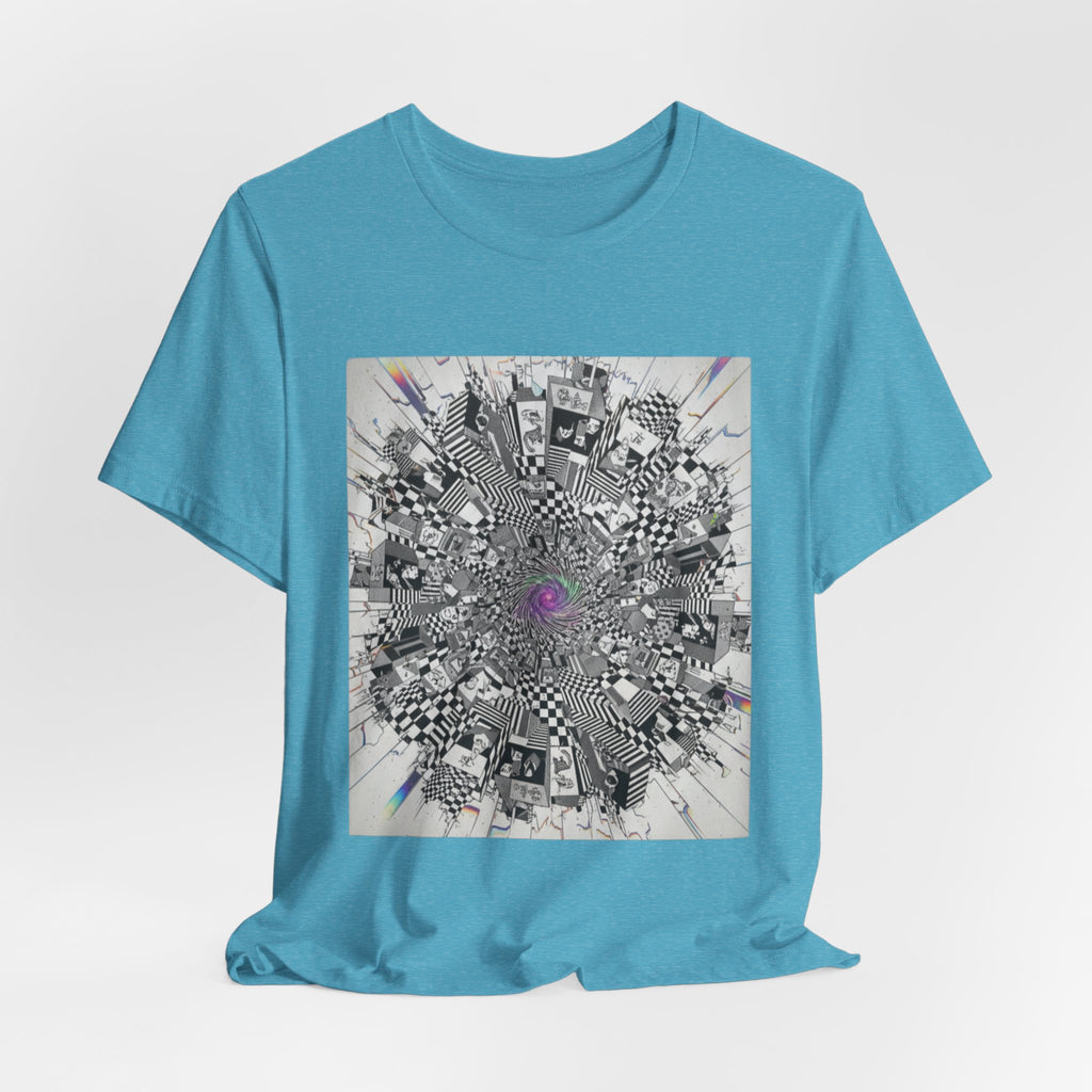 Psychedelic Cityscape Tee — Abstract Optical Art T‑Shirt with Purple Eye