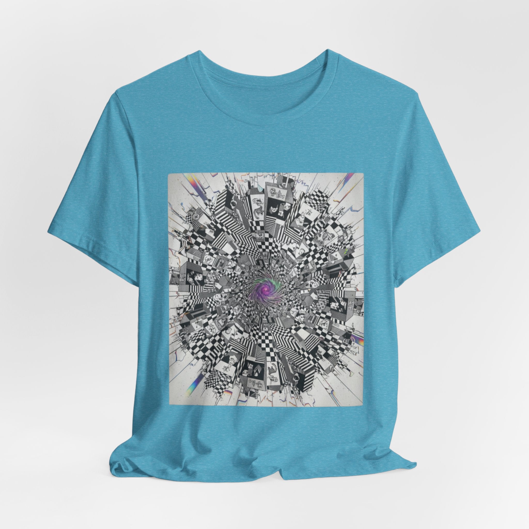 Psychedelic Cityscape Tee — Abstract Optical Art T‑Shirt with Purple Eye