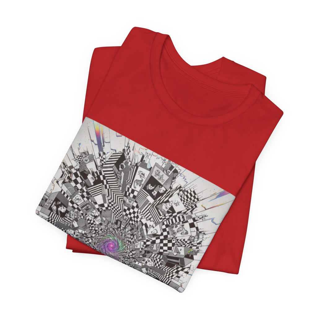 Psychedelic Cityscape Tee — Abstract Optical Art T‑Shirt with Purple Eye