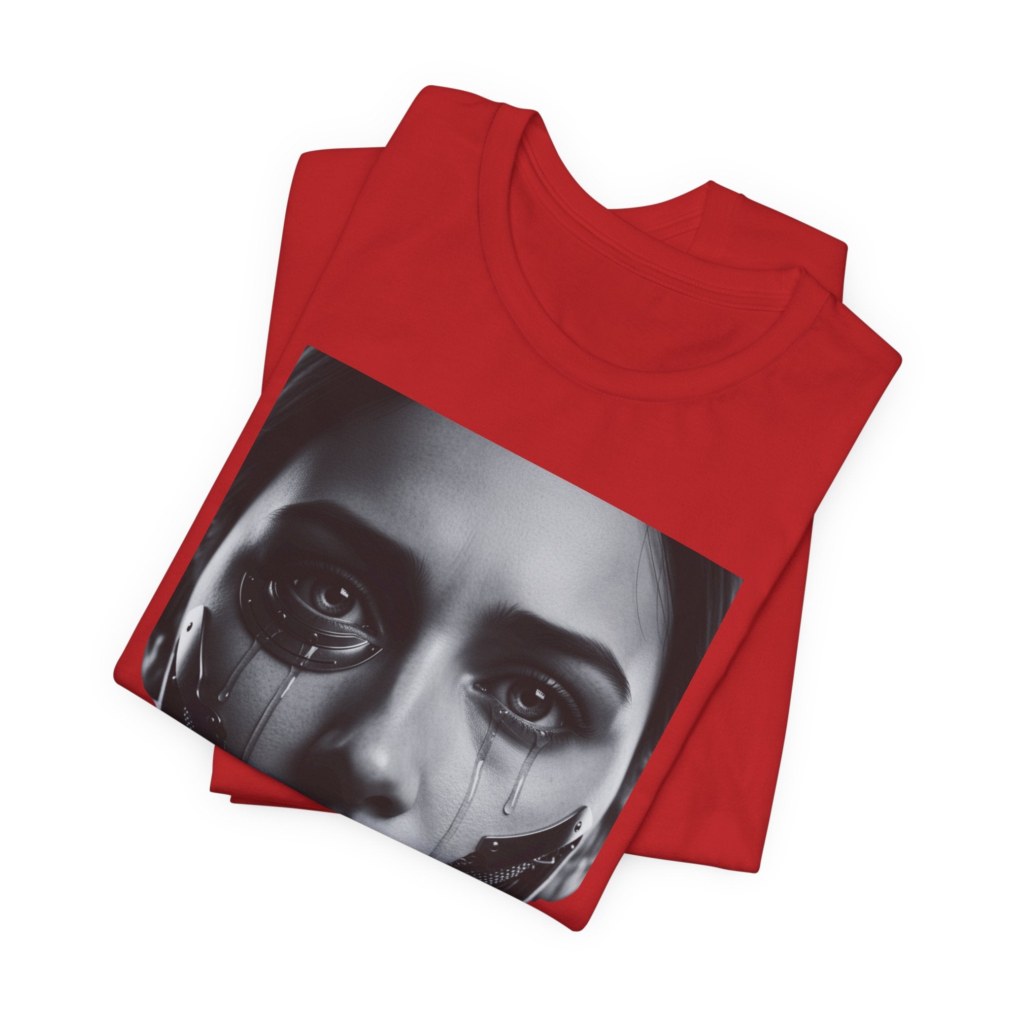 Cybernetic Woman Portrait Tee — Futuristic Black & White Sci‑Fi Face Graphic T-Shirt