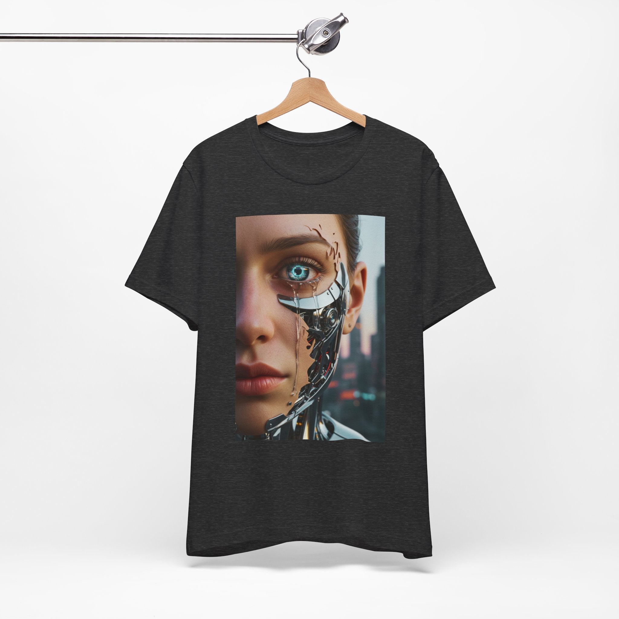 Cyborg Portrait T‑Shirt — Futuristic Android Face Graphic Tee
