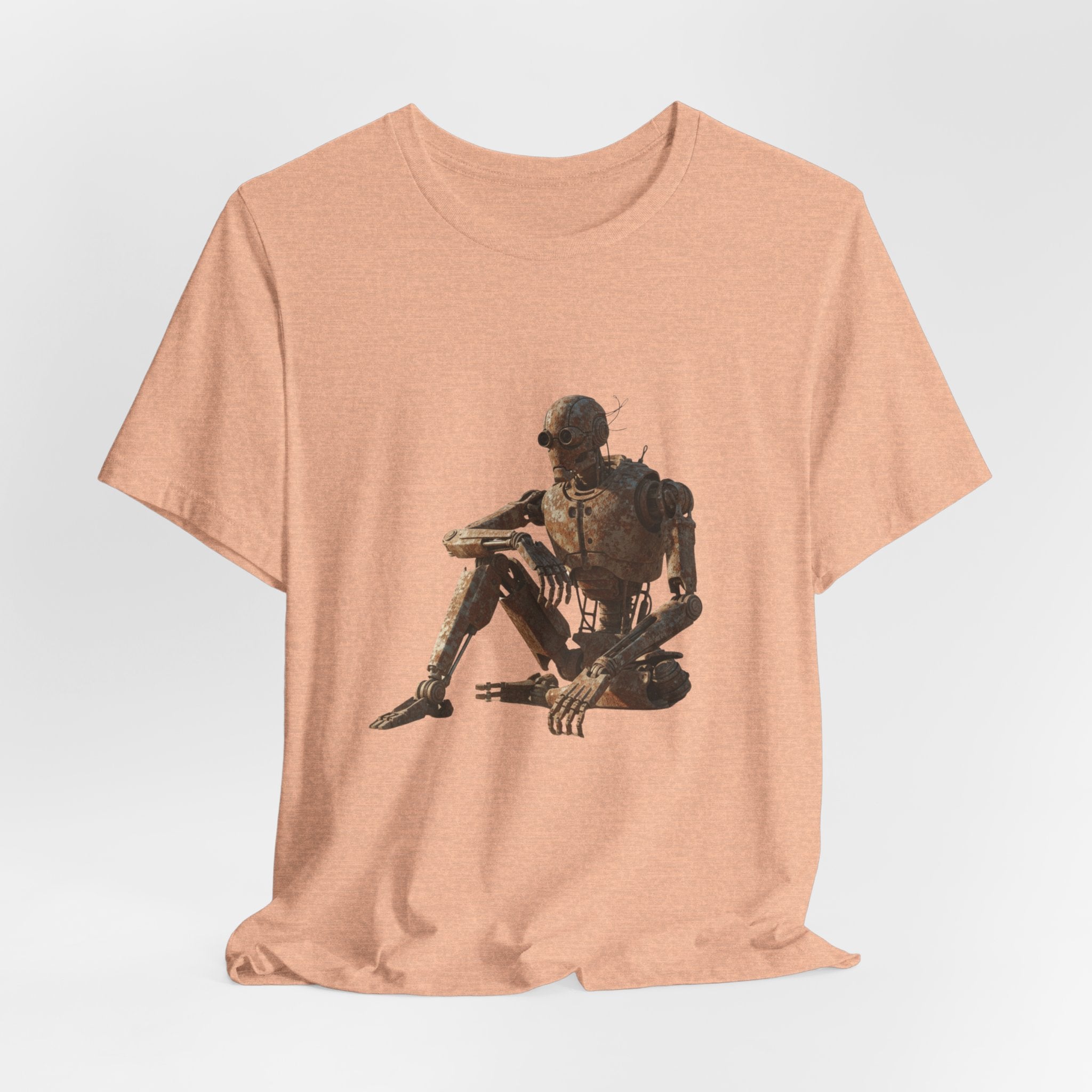 Rustic Robot Art Tee — Sitting Cyborg Graphic T-Shirt