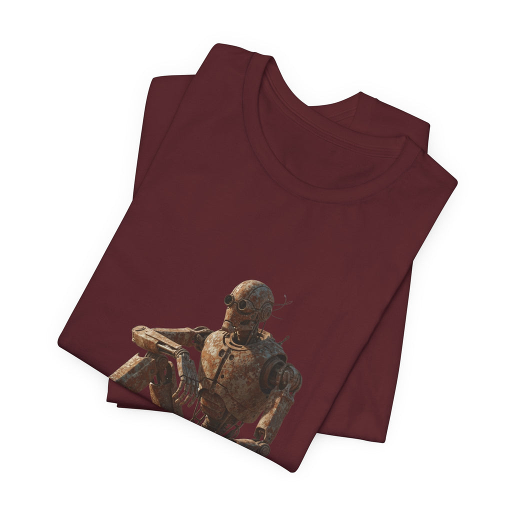 Rustic Robot Art Tee — Sitting Cyborg Graphic T-Shirt
