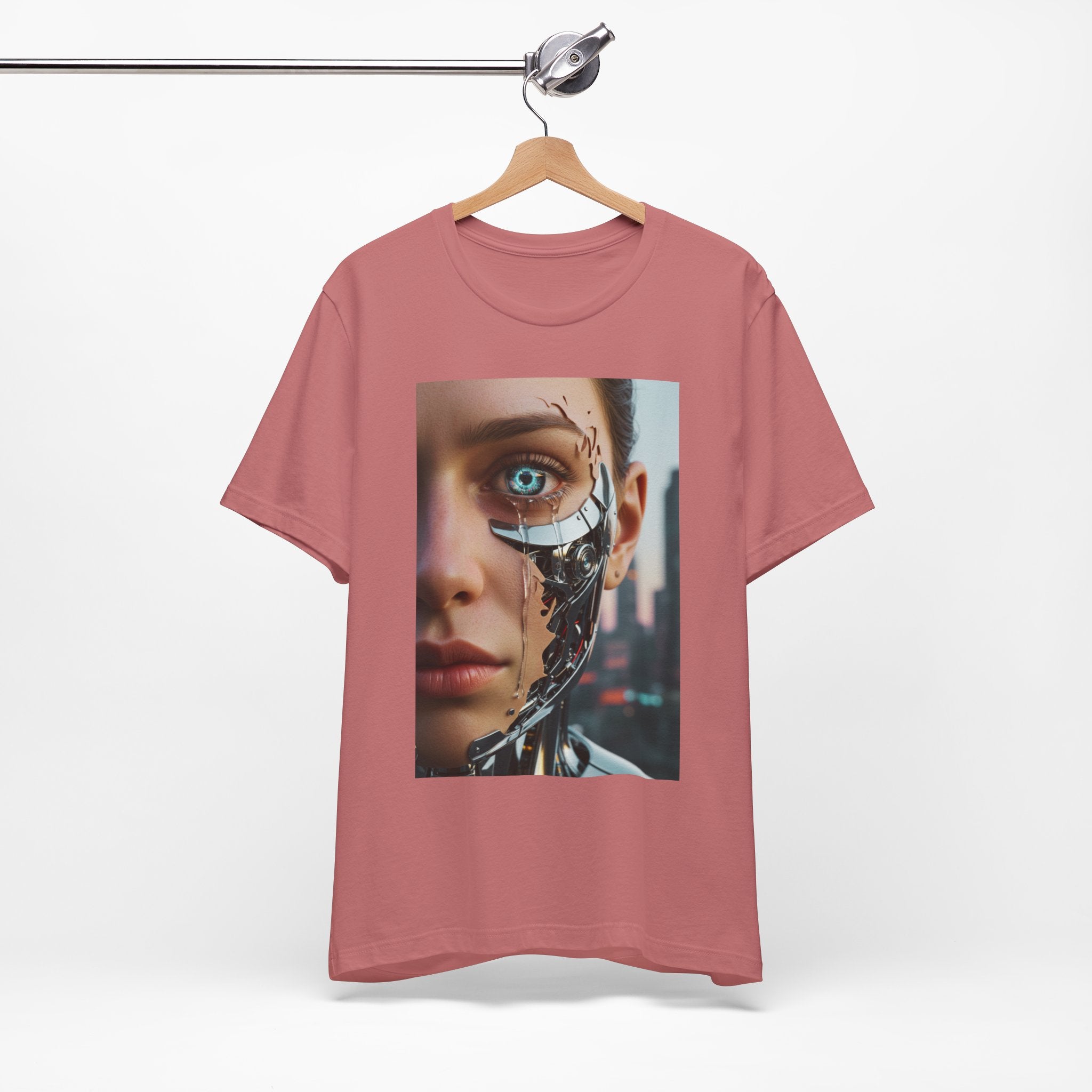Cyborg Portrait T‑Shirt — Futuristic Android Face Graphic Tee