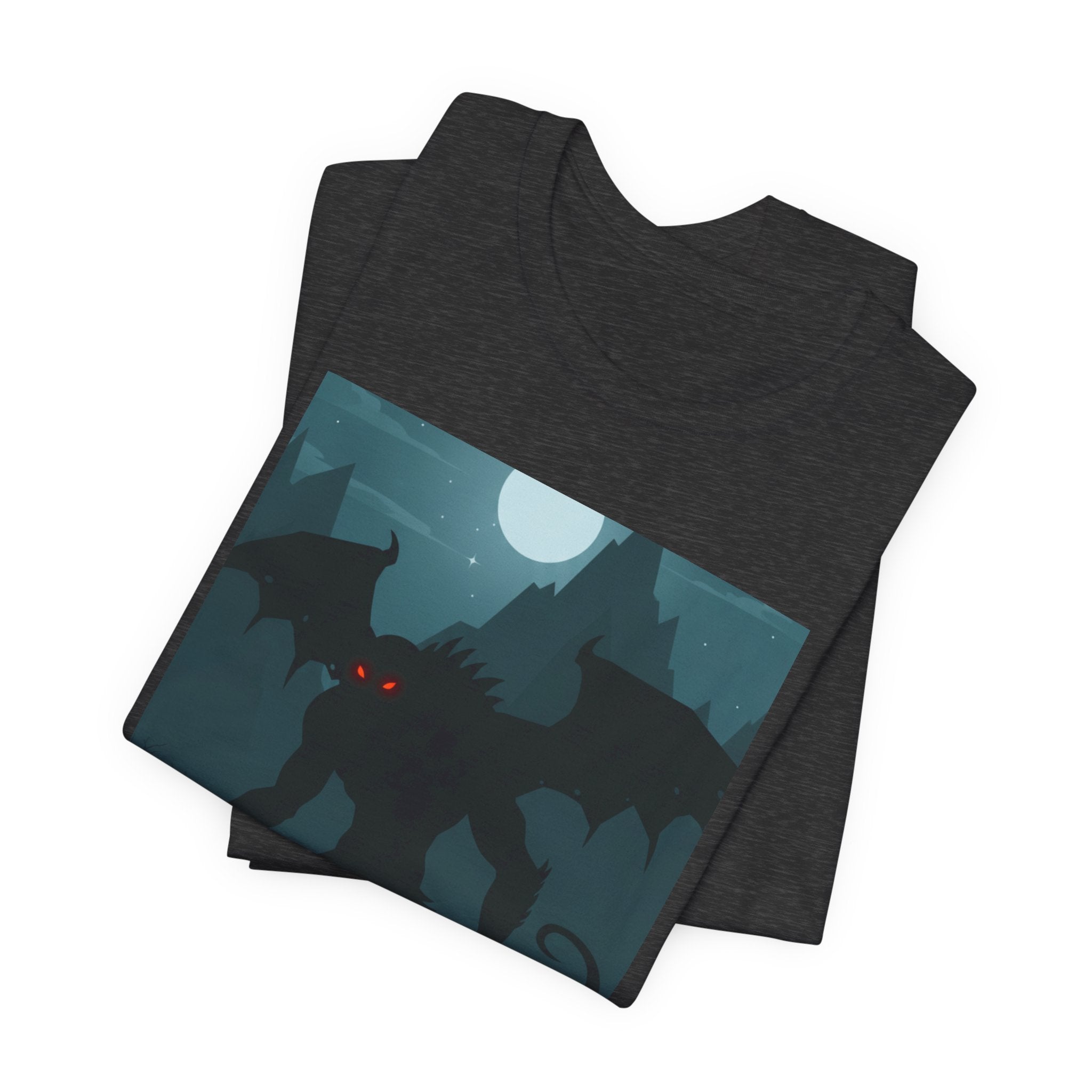 Cthulhu Nightscape T-Shirt — Lovecraftian Monster Tee with Glowing Red Eyes