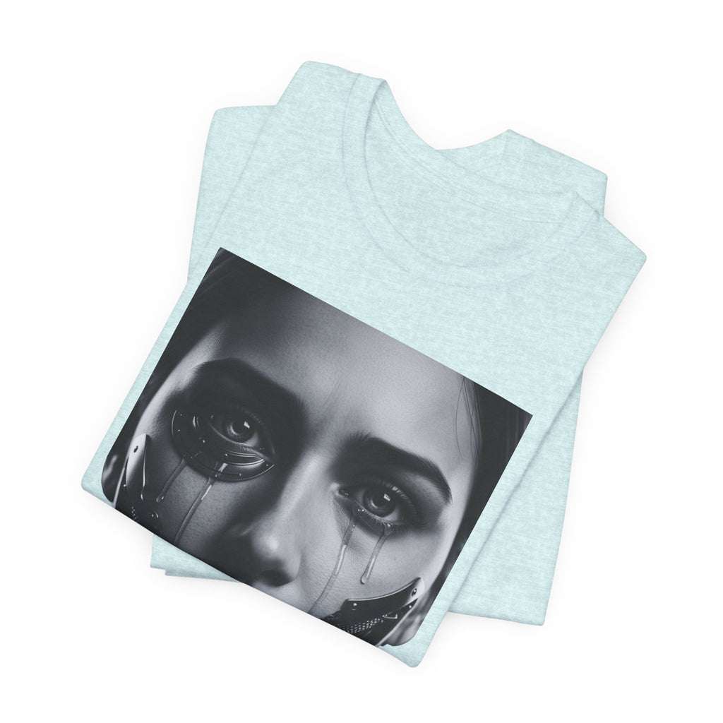 Cybernetic Woman Portrait Tee — Futuristic Black & White Sci‑Fi Face Graphic T-Shirt