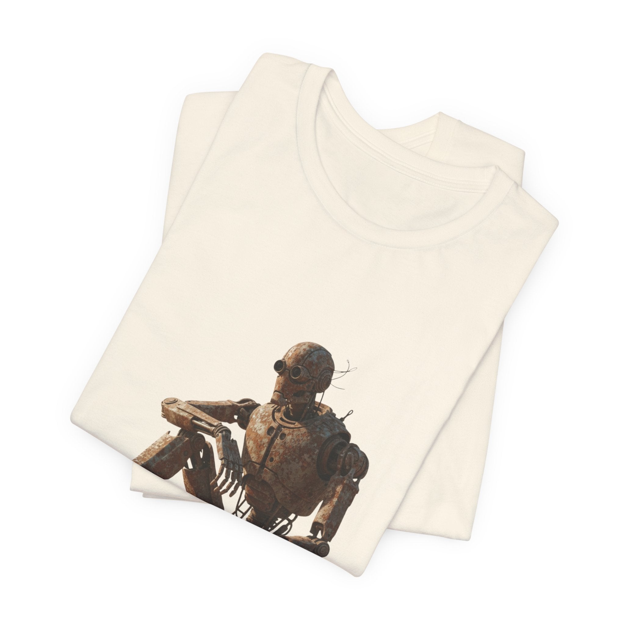 Rustic Robot Art Tee — Sitting Cyborg Graphic T-Shirt